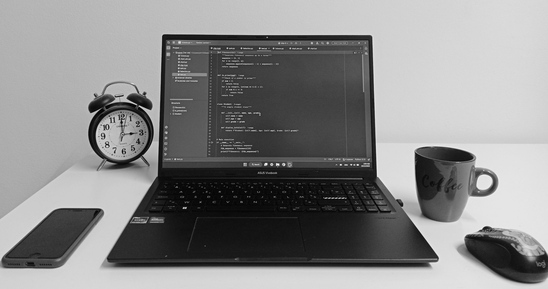 A developer's desk with a laptop showing code, a coffee mug, phone, and alarm clock